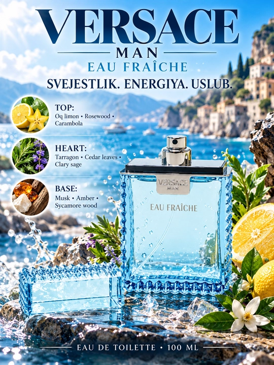 VERSACE MAN, EAU FRAICE, Erkaklar uchun tsitrus va yoqimli ifor, 100ml