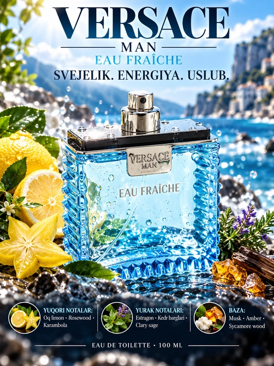 VERSACE MAN, EAU FRAICE, Erkaklar uchun tsitrus va yoqimli ifor, 100ml
