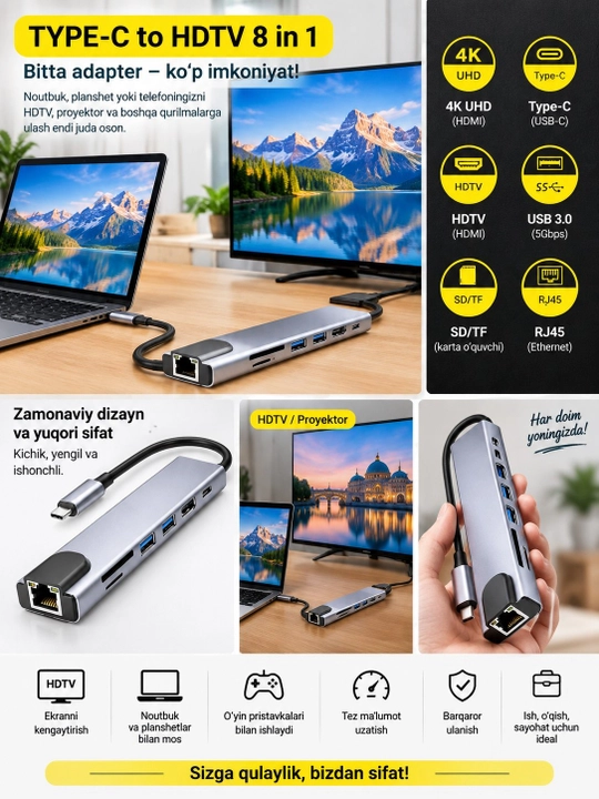 Noutbuk va telefon uchun Type-C perexodnik 8 in 1 - 