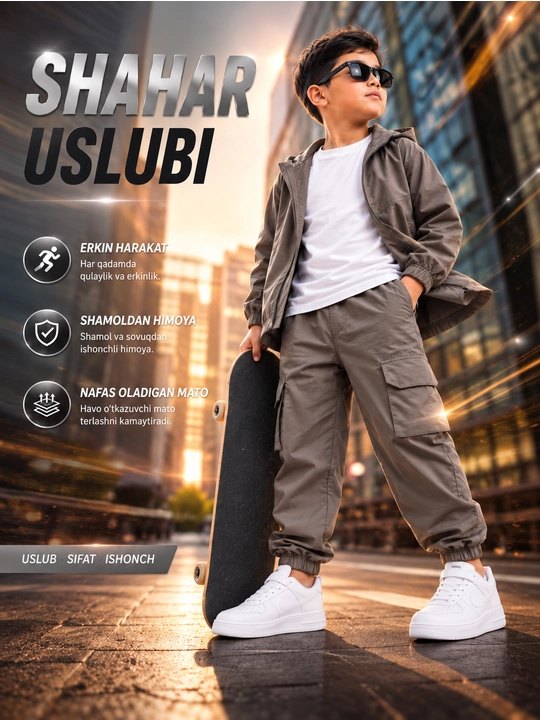 O‘g‘il bolalar uchun 3ta1 da bolalar to‘plami,uzun yengli kapyushonli kurtka va kargo shim - 
