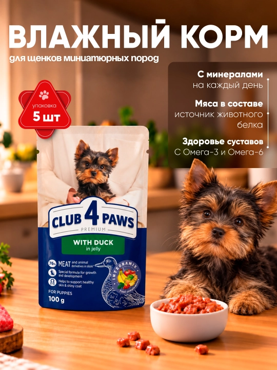 Club 4 Paws влажный корм для щенков миниатюрных пород, с уткой в желе, 100 г 5 шт - 