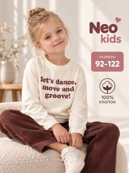 Лонгслив для девочки, Neo kids, 100% хлопок - 