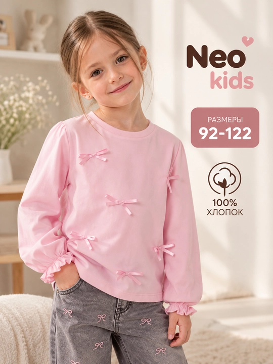 Лонгслив для девочки, Neo kids, 100% хлопок - 