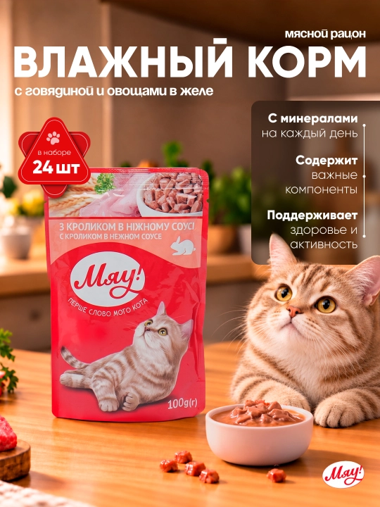 Myau mushuklar uchun nam yem, mayin sousdagi quyon go‘shti, 85 g 24 dona - 