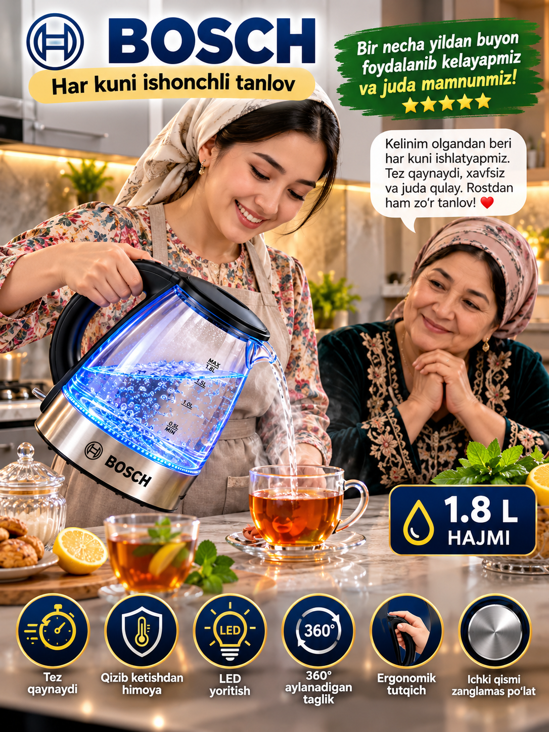 Электрочайник BOSCH 1500 Вт, LED-подсветка и прочная конструкция