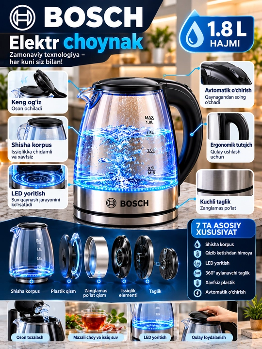 Электрочайник BOSCH 1500 Вт, LED-подсветка и прочная конструкция