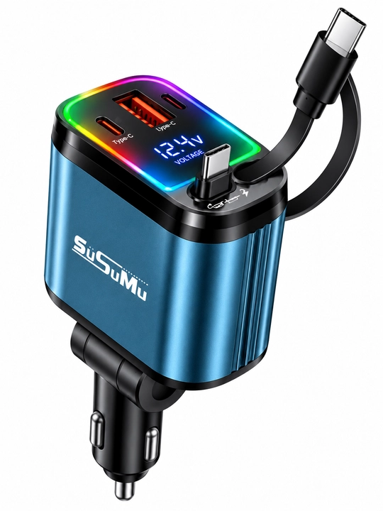Avtomobil uchun tezkor zaryadlovchi adapter, tortib olinadigan kabelli, 12–24V