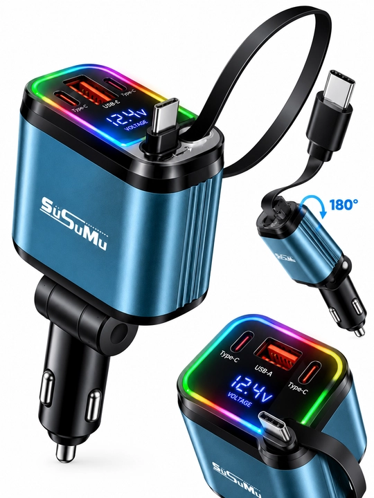 Avtomobil uchun tezkor zaryadlovchi adapter, tortib olinadigan kabelli, 12–24V