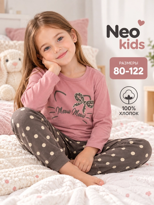 Qizlar pijamasi, Neo kids, 100% paxta - 
