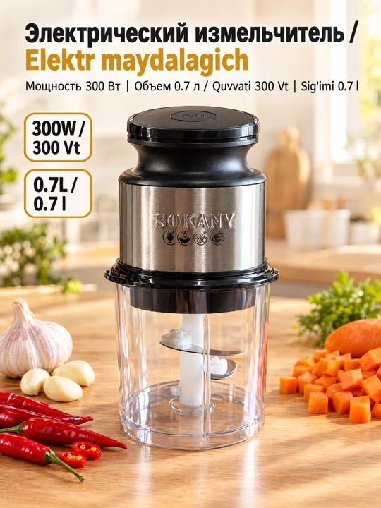 Мини-измельчитель SOKANY SK-06061, 300 Вт, 0,7 л, для мяса и детского питания - 