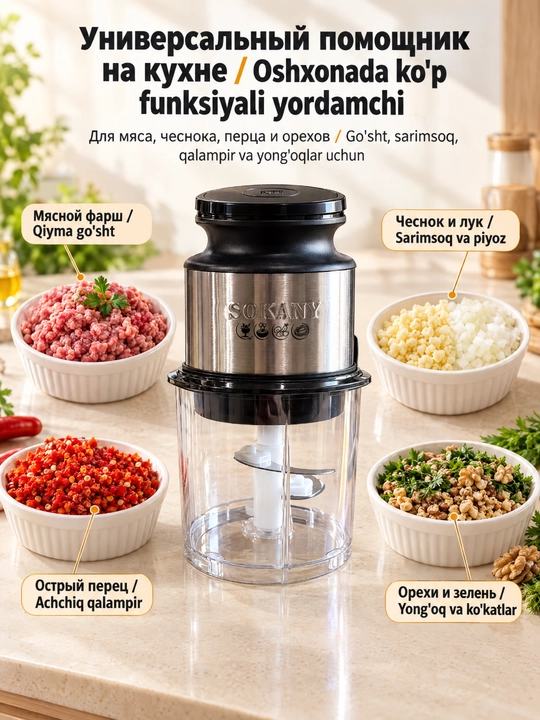 Mini maydalagich SOKANY SK-06061, 300 Vt, 0,7 l, goʻsht va bolalar ovqati uchun