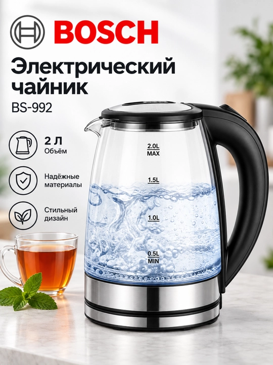 BOSCH BS-992 elektr choynak 2 litr, shisha korpusli, uy uchun elektr choynak
