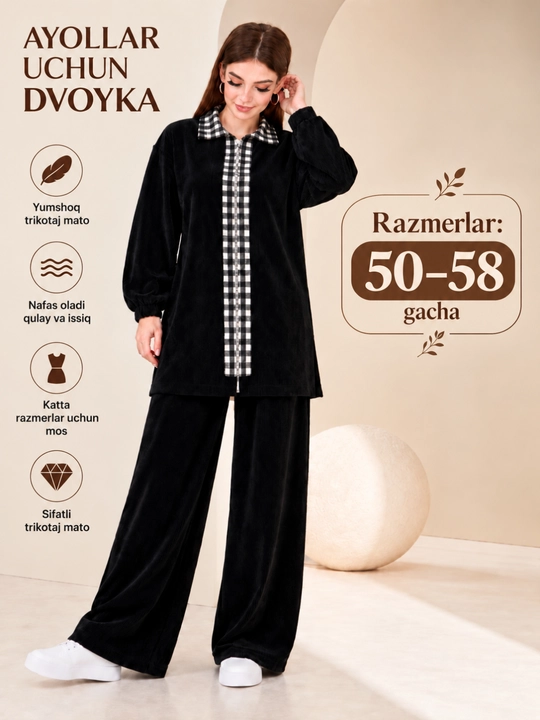Ayollar uchun ikkitalik, 50-58 ta katta o‘lcham, velvet mato, kundalik qulay kiyim