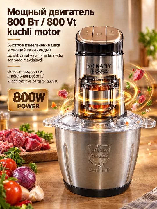 Elektr qiyma maydalagich SOKANY SK-06062, 800 Vt, 3 l poʻlat idish