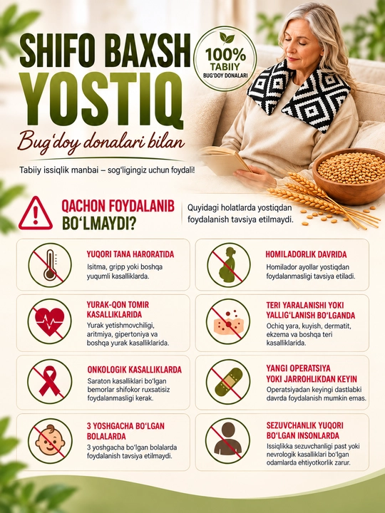 Bug‘doy donidan tayyorlangan yostiq-isitgich. Kattalar uchun