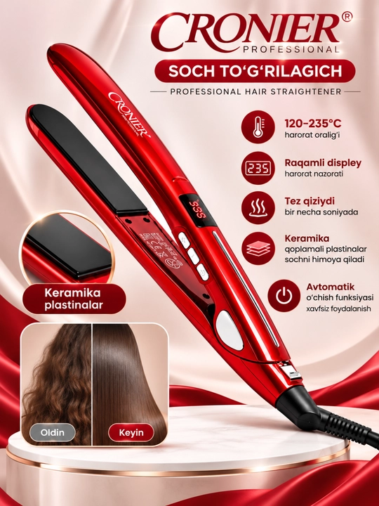 Keratin soch tekislovchi dazmol Cronier CR-777, LED displeyli