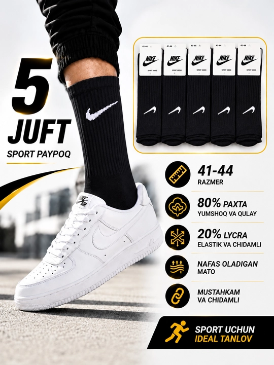 Erkaklar va ayollar sport paypog‘i, uzun paypoq paxtali, Nike paypoq, oq va qora paypoq