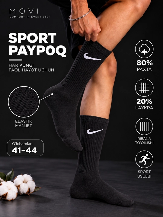 Erkaklar va ayollar sport paypog‘i, uzun paypoq paxtali, Nike paypoq, oq va qora paypoq
