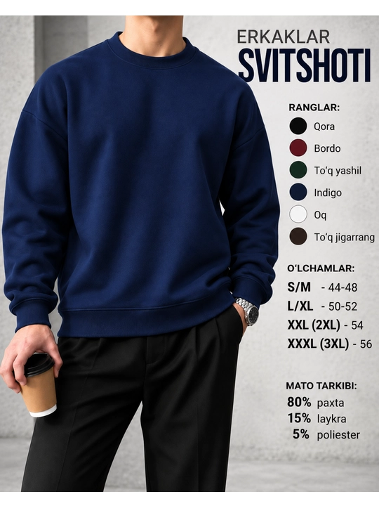 Erkaklar uchun oversize dumaloq yoqali svitshot, qalin futer 340 g, kuz-qish uchun