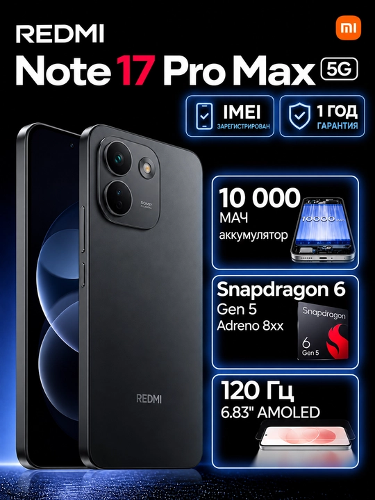 Смартфон Redmi Note 17 Pro Max 5G, 8+512ГБ, AMOLED 120Гц дисплей, 50МП камера, 10000 мАч - 