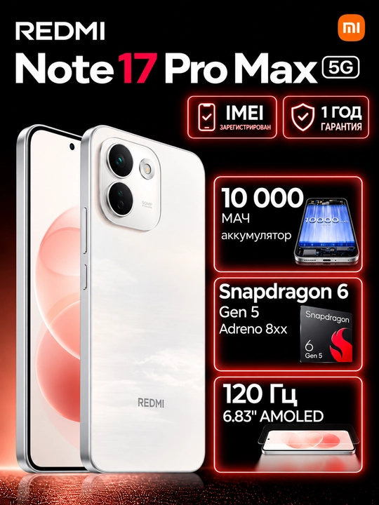 Смартфон Redmi Note 17 Pro Max 5G, 8+512ГБ, AMOLED 120Гц дисплей, 50МП камера, 10000 мАч - 