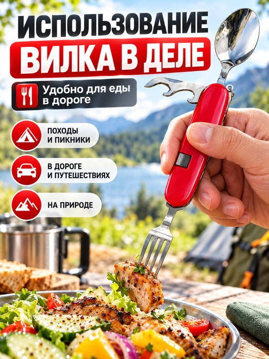 Multitul 4 tasi 1 da turistik ko‘p funksiyali anjom:pichoq,sanchqi,qoshiq, ochgich to‘plam