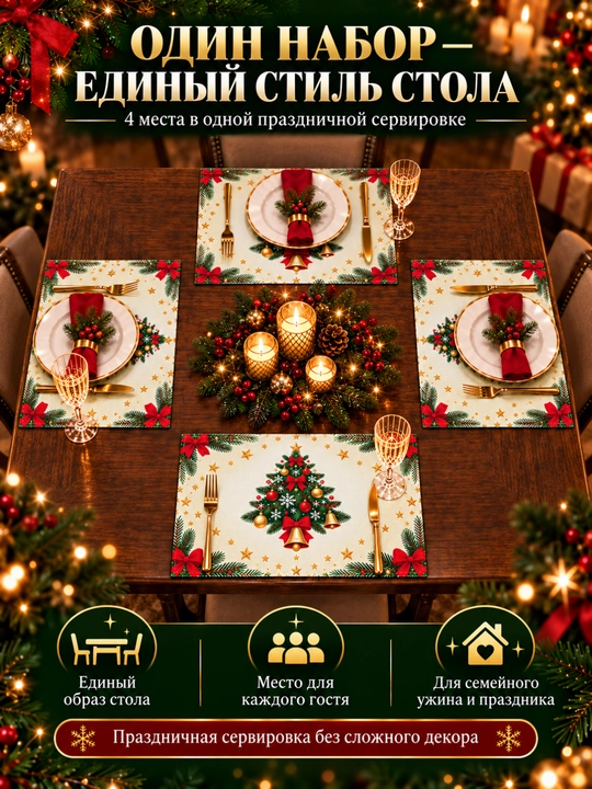 Yangi yil pleysmatlari, stol bezatish uchun salfetkalar, 4 dona, 45 × 30 sm