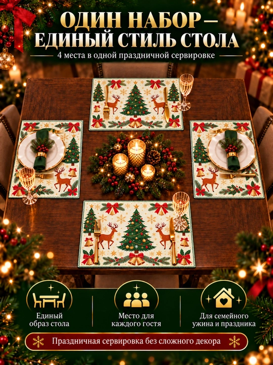 Yangi yil pleysmatlari, stol bezatish uchun salfetkalar, 4 dona, 45 × 30 sm