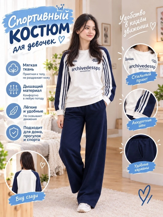 Спортивный костюм Playowo, с длинным рукавом и штанами, для девочек - 