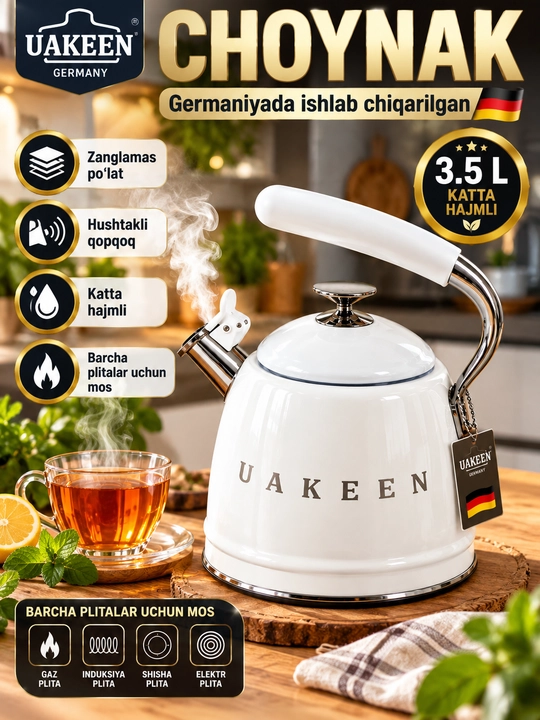 Умный электрический чайник Uakeen 2л, 2200Вт, сенсорный с терморегулятором - 
