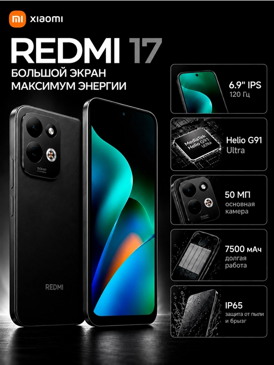 Смартфон Redmi 17, 8/256 ГБ, 6.9″ 120 Гц, 50 МП, 7500 мАч ёмкий аккумулятор - 
