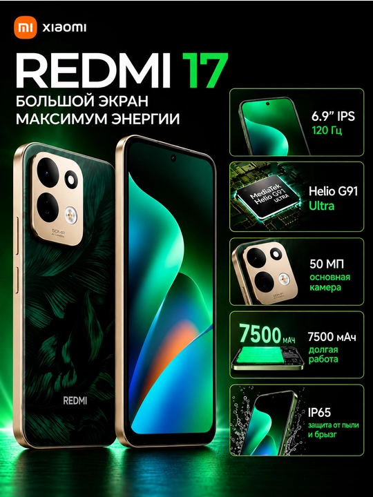 Смартфон Redmi 17, 8/256 ГБ, 6.9″ 120 Гц, 50 МП, 7500 мАч ёмкий аккумулятор - 