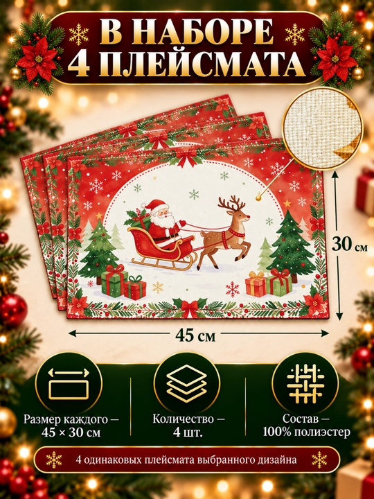 Yangi yil pleysmatlari, stol bezatish uchun salfetkalar, 4 dona, 45 × 30 sm