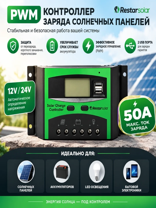Контроллер для солнечной панели 50 А , 650/1300 Вт , USB, дисплей: LCD