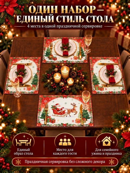 Yangi yil pleysmatlari, stol bezatish uchun salfetkalar, 4 dona, 45 × 30 sm