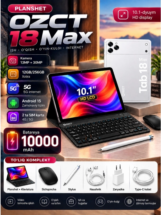 OZCT 18 Max — 10.1" HD ekran, 12/256 GB, 5G, Android 15, 10000 mAh