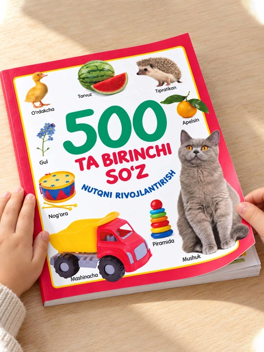 Детская книга «500 первых слов» на узбекском языке, развитие речи, слова в картинках