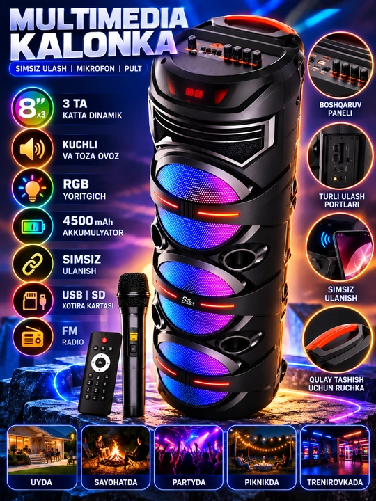 Katta Bluetooth simsiz karnay, karaoke, RGB yoritish, mikrofon va pult bilan - 