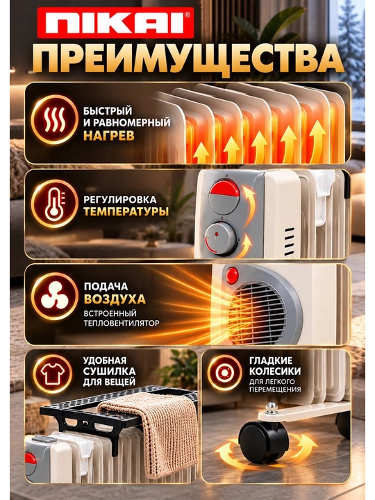 NIKAI moyli isitgichi, termo-puflanadigan pech + quritgich, 13 ta qovurg‘a, 30 kv.m gacha