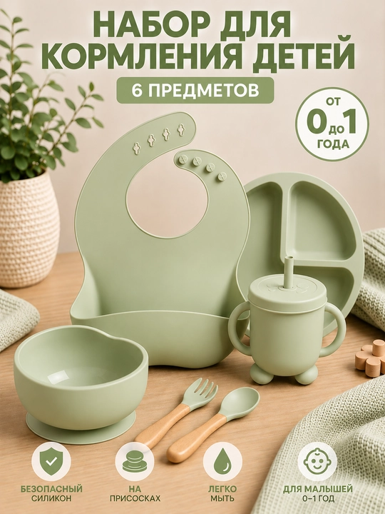 Набор для кормления детей 6 предметов, детская посуда, силиконовая посуда
