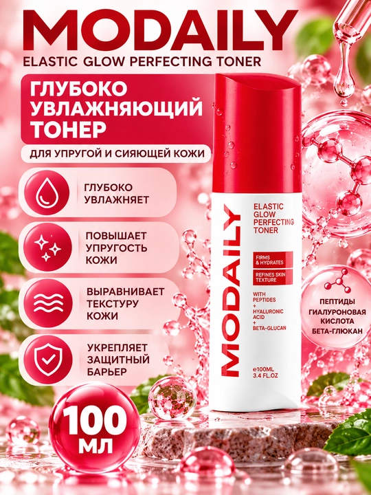 Глубоко увлажняющий тонер, Modaily, Elastic Glow Perfecting Toner, 100 мл - 