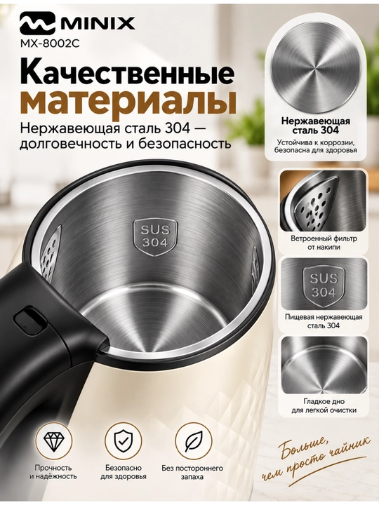 Электрический чайник MINIX 2,2 л, 1850 Вт, из нержавеющей стали, быстрый нагрев, 360°
