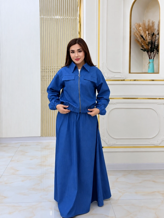Ayollar uchun jinsi kostyum, jinsi kurtka va uzun yubka, zamonaviy kiyim, yangi moda