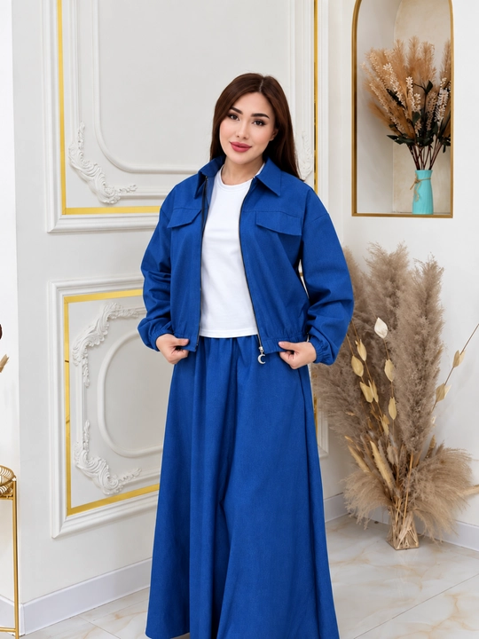 Ayollar uchun jinsi kostyum, jinsi kurtka va uzun yubka, zamonaviy kiyim, yangi moda