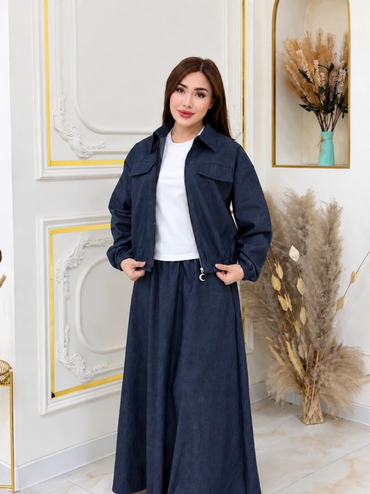 Ayollar uchun jinsi kostyum, jinsi kurtka va uzun yubka, zamonaviy kiyim, yangi moda - 