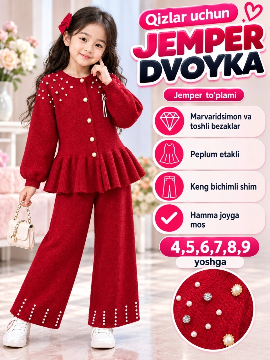 Джемпер двойка для девочки, теплый вязаный костюм с брюками, 4–9 лет - 