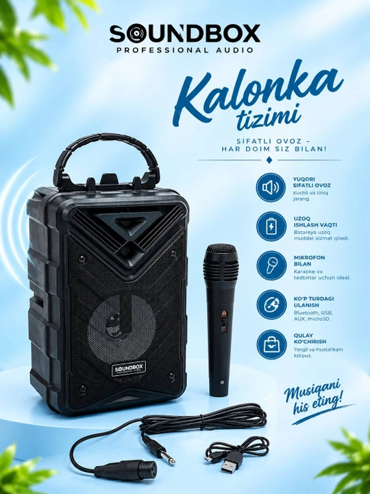 Portativ Bluetooth Kalonka — Mikrofonli, USB va AUX ulanishli kuchli musiqa karnayi - 