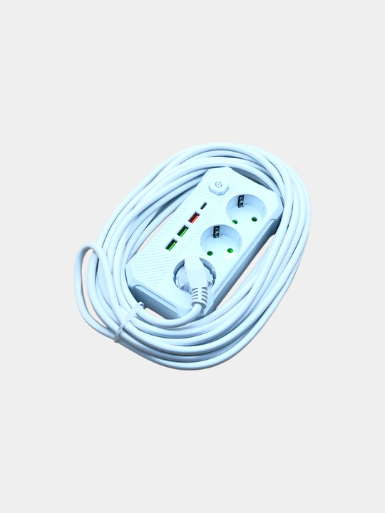 3USB porti, 3 rozetka va 1 type-c bolgan kuchlanishdan himoya qiluvchi uzatma kabeli, oq