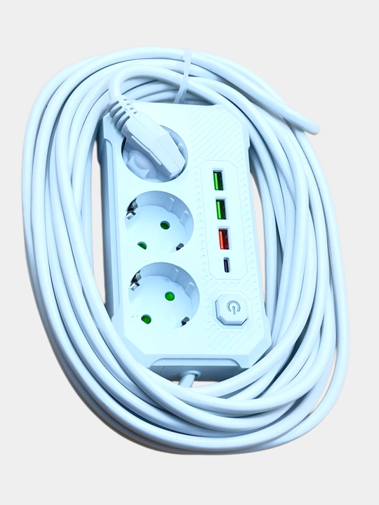 3USB porti, 3 rozetka va 1 type-c bolgan kuchlanishdan himoya qiluvchi uzatma kabeli, oq