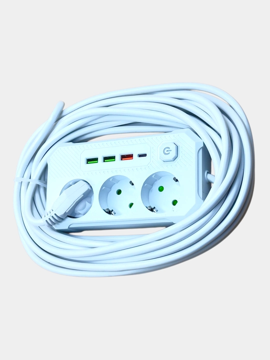 3USB porti, 3 rozetka va 1 type-c bolgan kuchlanishdan himoya qiluvchi uzatma kabeli, oq